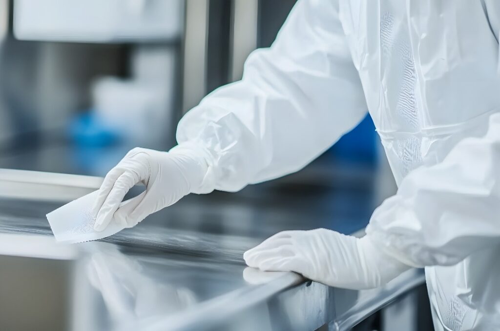 Nahaufnahme von behandschuhten Händen in einem Reinraum, die sorgfältig eine Edelstahloberfläche abwischen. Die Aufrechterhaltung der Sterilität ist in dieser präzisen Umgebung von größter Bedeutung.