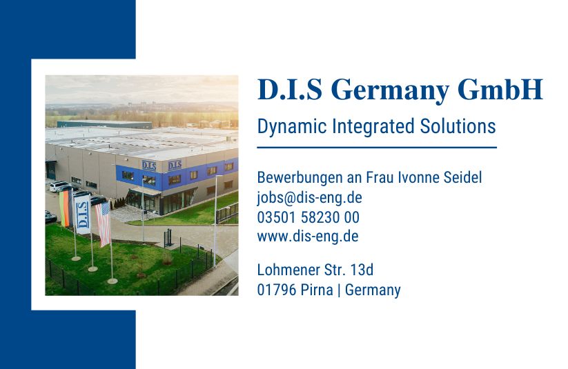 Ein Industriegebäude mit D.I.S Germany GmbH Beschilderung in blauen Akzenten
