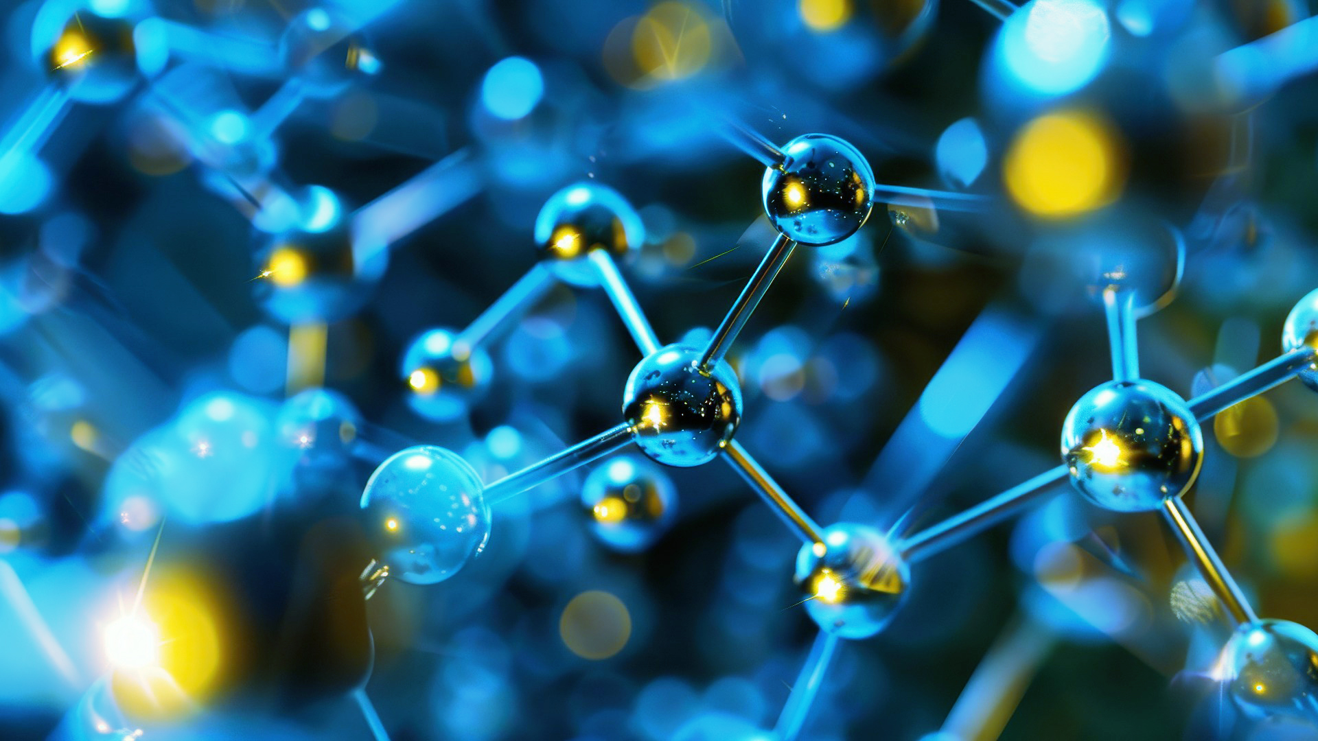 Mehrere leuchtende blaue Moleküle, verbunden durch glänzende Strukturen.