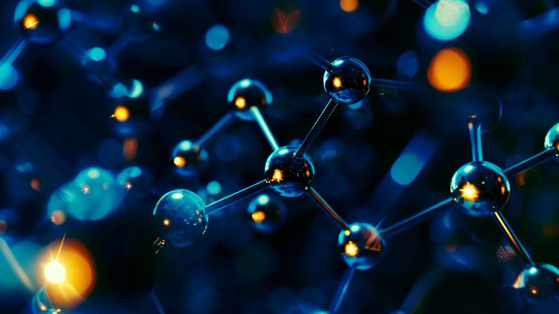 Glänzende Molekülstruktur mit blauen und orangefarbenen Reflexionen