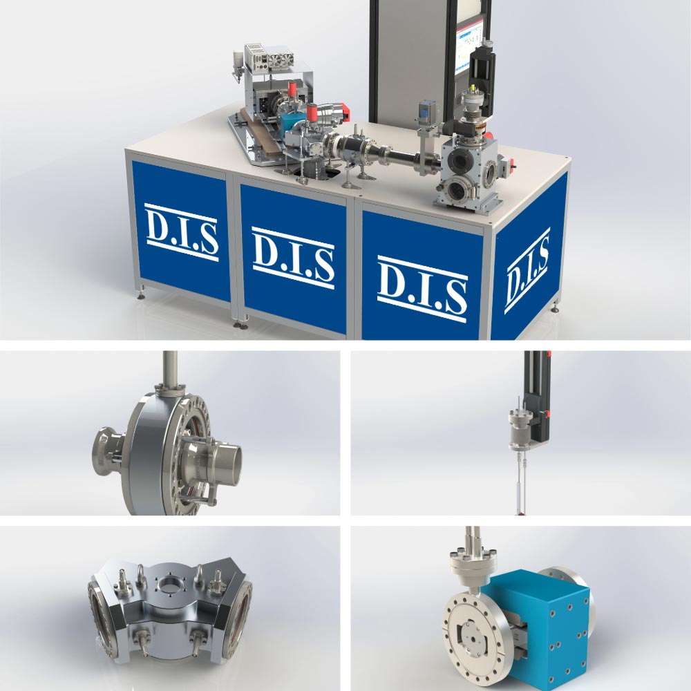 Ein komplexes technisches System mit blauen D.I.S.-Paneelen und Metallteilen