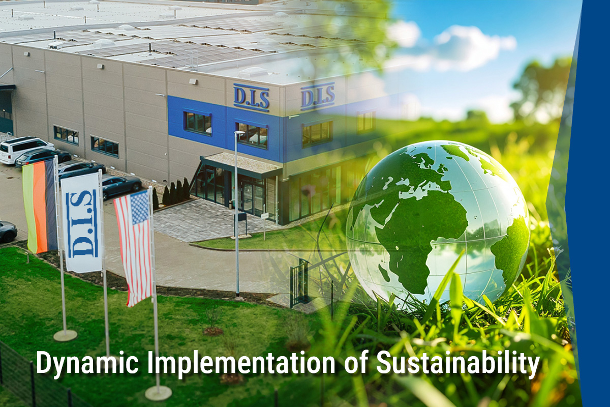 Ein modernes Firmengebäude mit blauen Akzenten neben einer grünen Weltkugel.