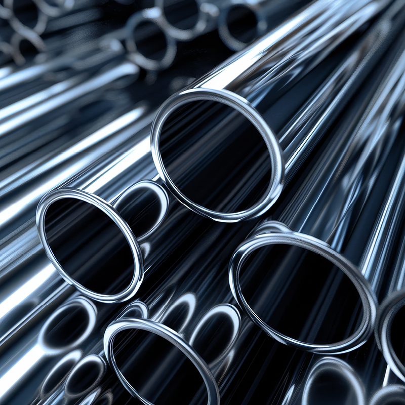 Mehrere glänzende silberne Metallrohre liegen reflektierend und überlappend zusammen